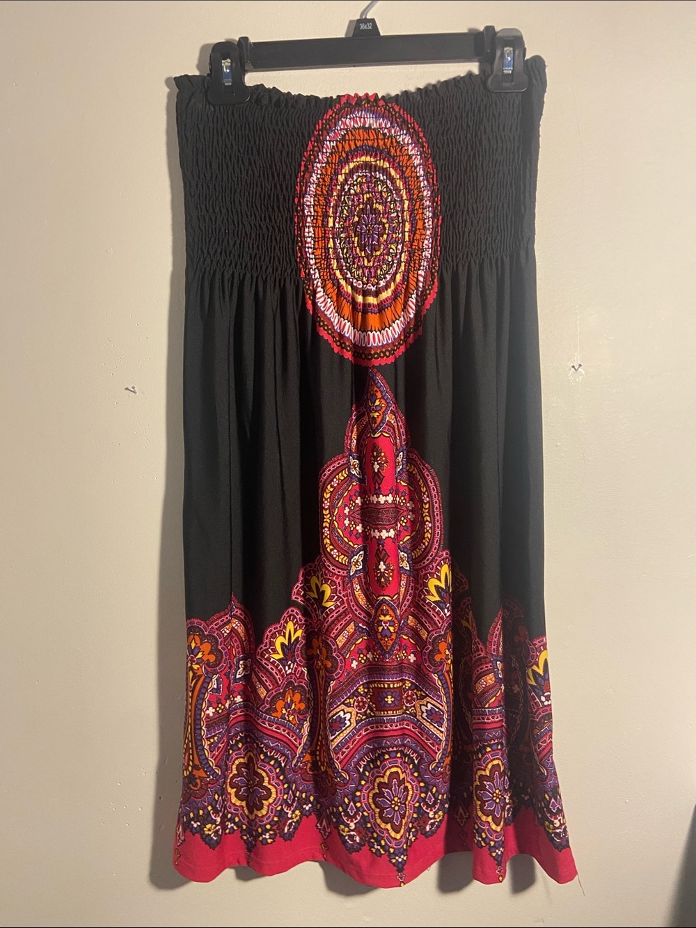 Black Boho Strapless Dress with Red & Purple Paisley Print